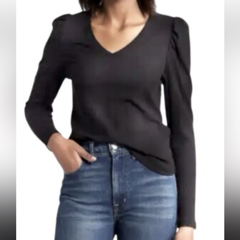 Nation LTD Women’s Black V Neck Long Puff Ruched Sleeve Shirt Top Pima Cotton XS